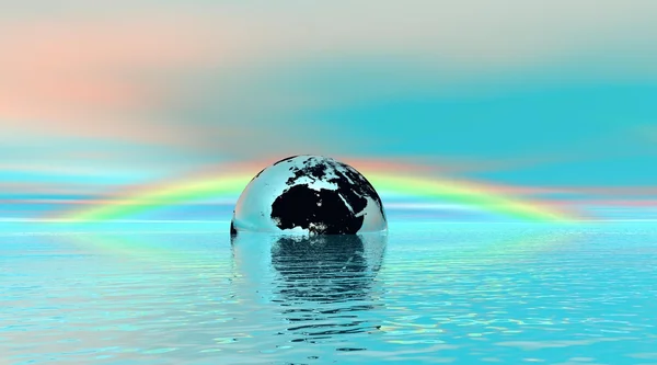 Earth floating in water with rainbow beh — Stock Photo, Image