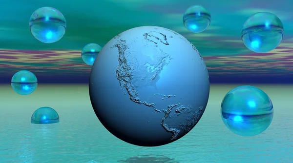 Modrá země obklopené bubliny — Stock fotografie
