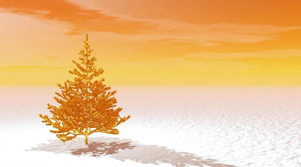 Gold fir tree on snow by sunrise — Stock Photo, Image