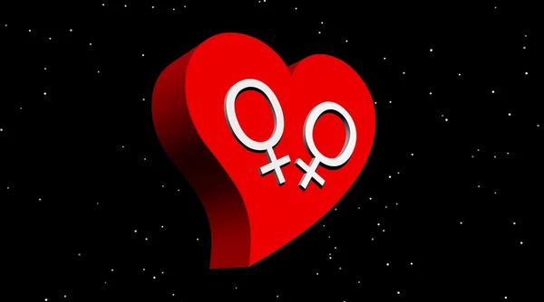 Lésbicas casal no coração vermelho na noite — Fotografia de Stock