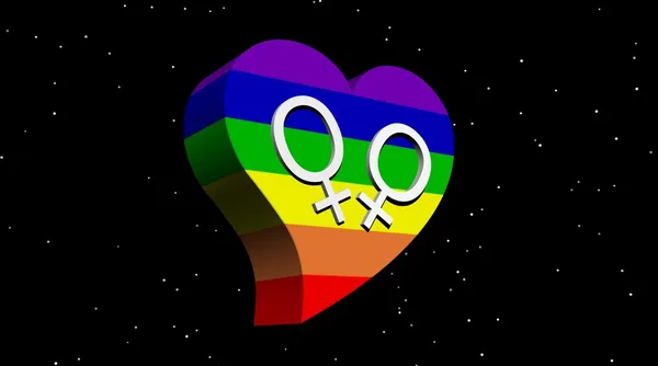 Lesbický pár v srdci barvy duhy — Stock fotografie