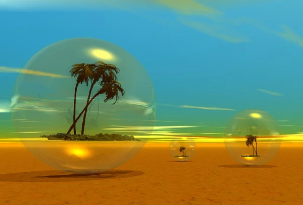 Three palm trees in bubble in the desert — Stock Photo, Image