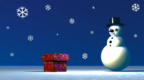 Bonhomme de neige regardant une boîte cadeau — Photo