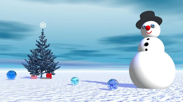 Boneco de neve sorridente perto de abeto e presentes — Fotografia de Stock
