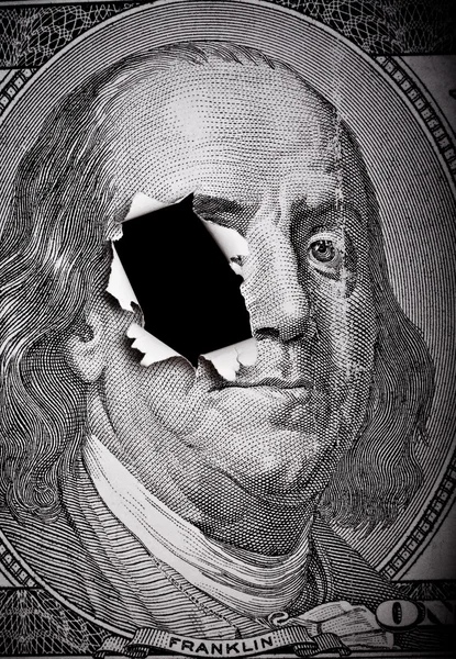 Spargerea portretului lui Benjamin Franklin în forma 100 — Fotografie, imagine de stoc