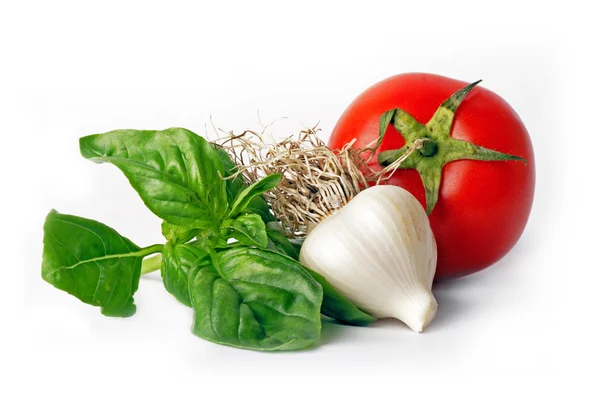 Bazalka, česnek, rajče — Stock fotografie