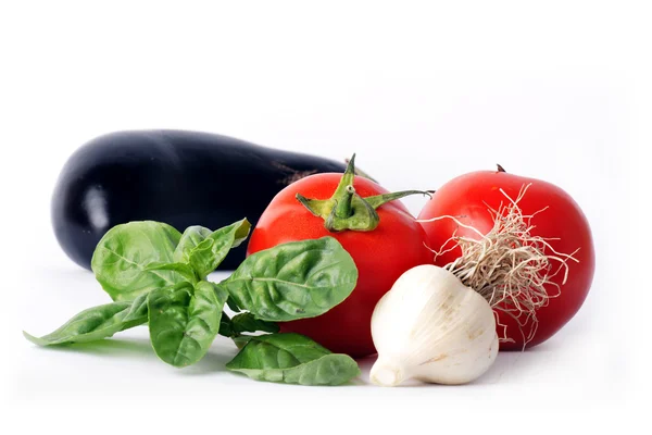 Basil, garlic, tomato & eggplant — Stock Photo, Image