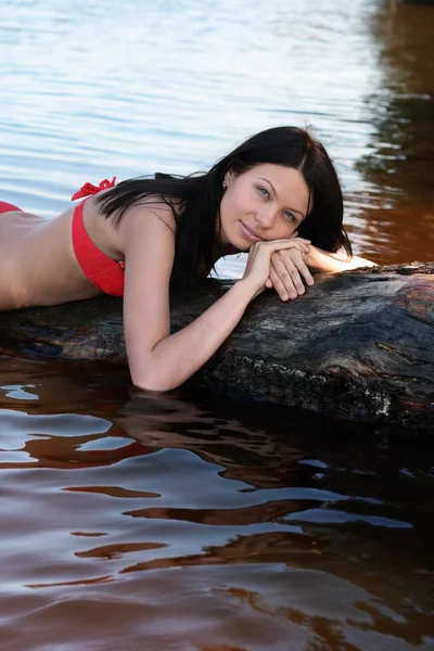 A brunette on the log — Stock Photo, Image