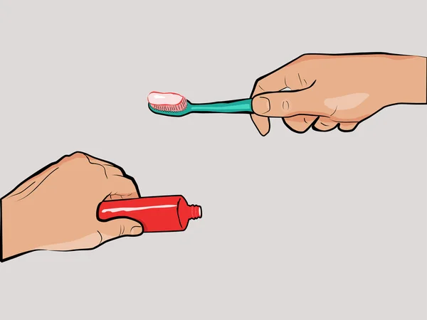 Οδοντόβουρτσα και οδοντόκρεμα στα χέρια — Διανυσματικό Αρχείο
