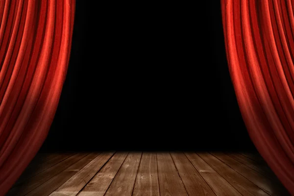 Teatro vermelho palco cortinas com flo de madeira — Fotografia de Stock