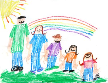 Kids Primitive Crayon Drawing of a Famil clipart