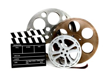 Movie Production Clapper and Film Tins o clipart