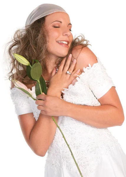 Noiva feliz abraçando a si mesma — Fotografia de Stock