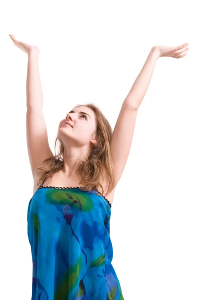 Woman with hands up — Stock Photo, Image