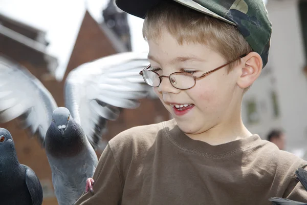 O rapaz está a alimentar os pássaros. — Fotografia de Stock