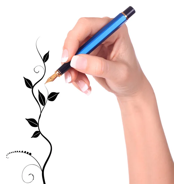Hand with fountain pen drawing Floral — Stock Photo, Image