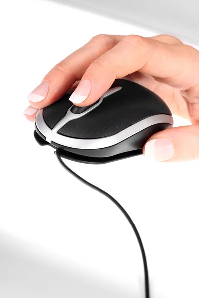 Computer mouse with hand on white — Stock Photo, Image