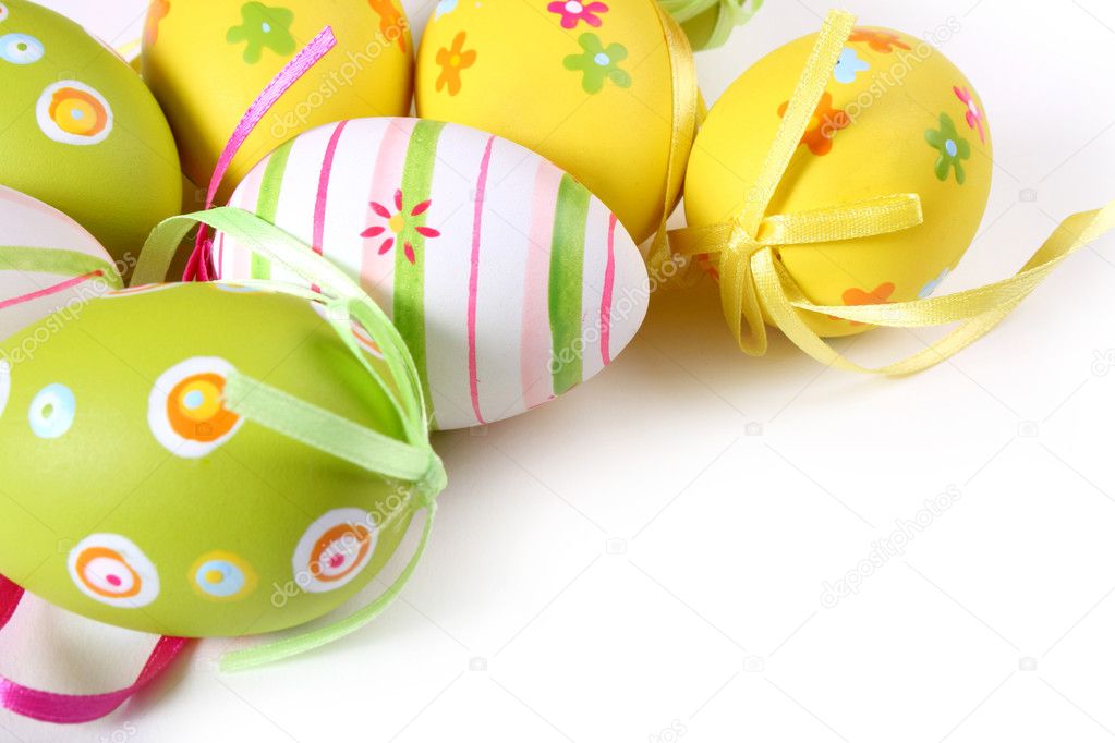 Easter eggs painted on a white backgroun
