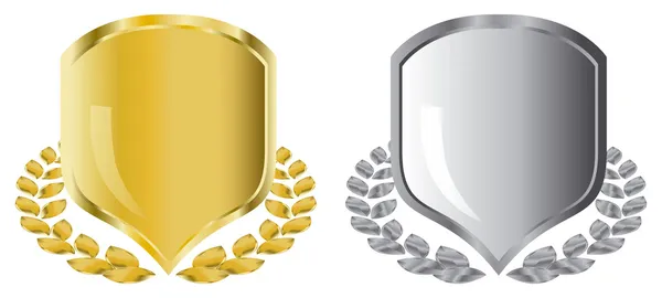 Escudos de ouro e prata com laurel wr —  Vetores de Stock