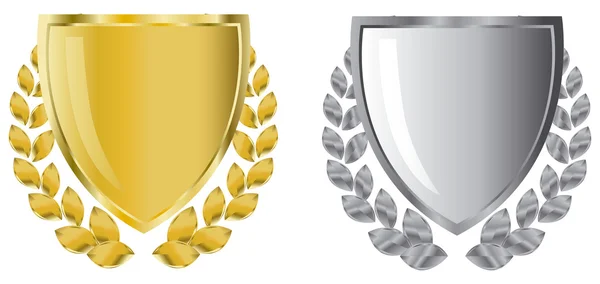 Золотые и серебряные щиты с лавровым покрытием — стоковый вектор