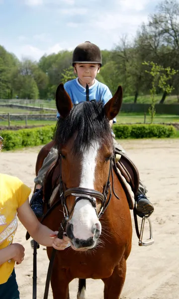 De jonge jongen rijdt op een paard — Stockfoto
