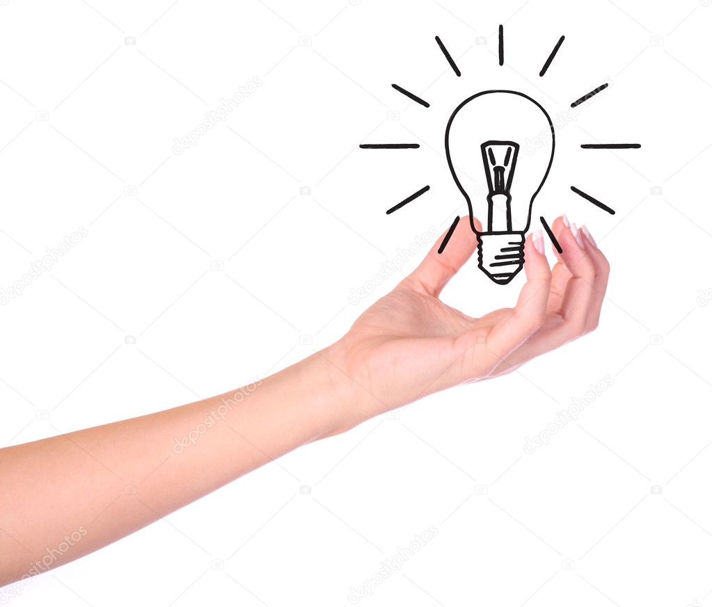 Hand holding drawn light bulb