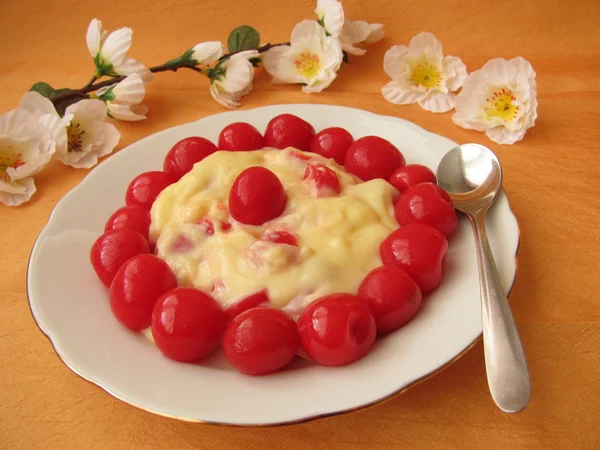 Vanilla pudding with cherries — Stock Photo, Image