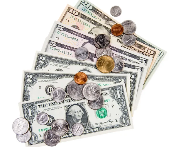 Amerikanska sedlar och mynt — Stockfoto