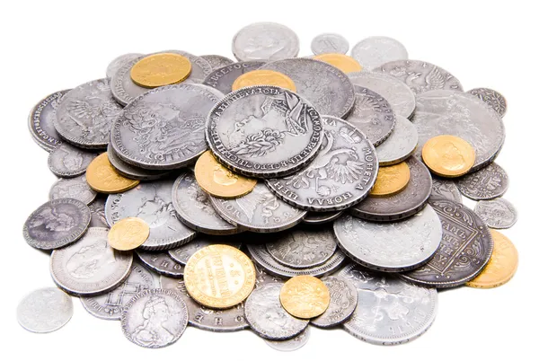 Kupie stare złote i srebrne monety — Zdjęcie stockowe