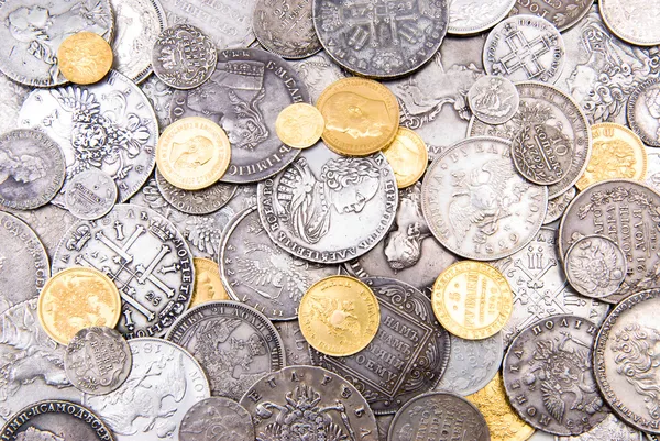 Ouro velho e moedas de prata fundo — Fotografia de Stock