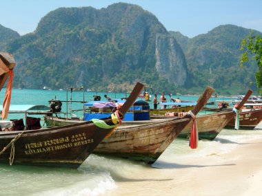 Traditional thai boats at the beach clipart