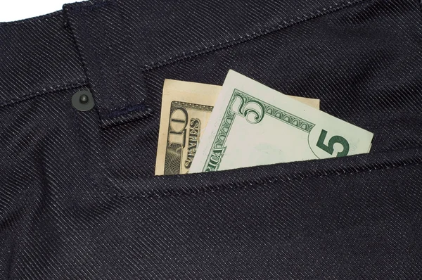 Vijftien dollar in een jeans zak — Stockfoto