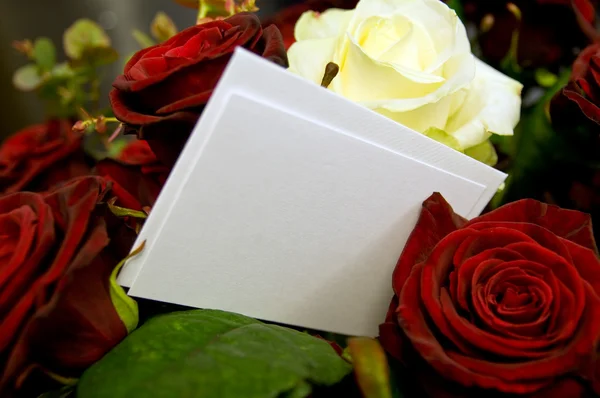 Rosas com cartão em branco para preencher — Fotografia de Stock