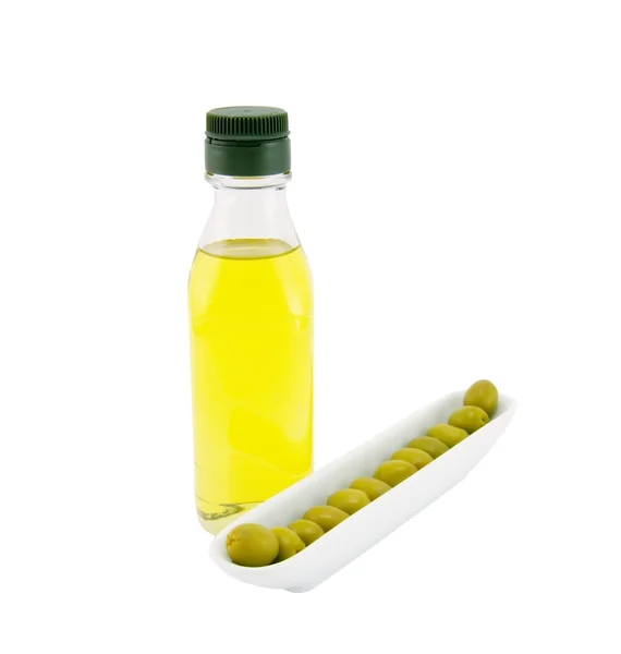Botella de aceite de oliva y aceitunas —  Fotos de Stock
