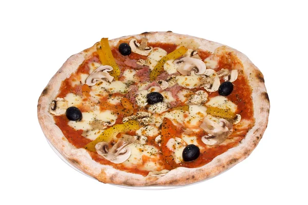 Pizza with ham, mozzarella, peppers, mus — Stock Photo, Image