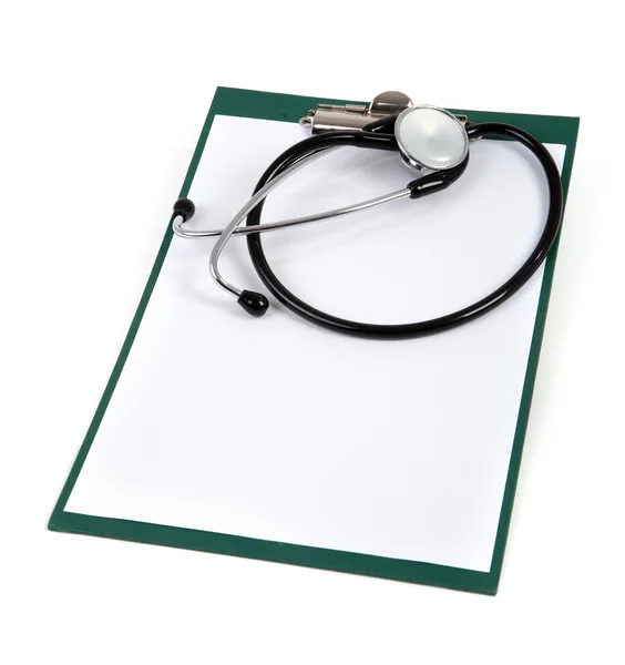 Clipboard with stethoscope on white — Stock Photo, Image