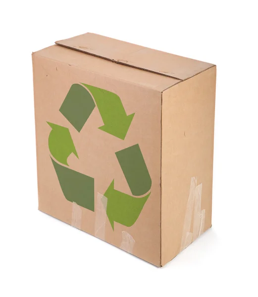 Karton kutu geri dönüşüm sembolü ile — Stok fotoğraf