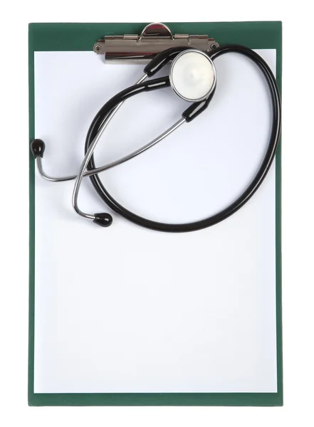 Clipboard with stethoscope - top view — Stock Photo, Image