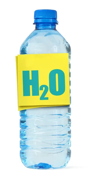 Garrafa cheia de água e etiqueta H2O — Fotografia de Stock