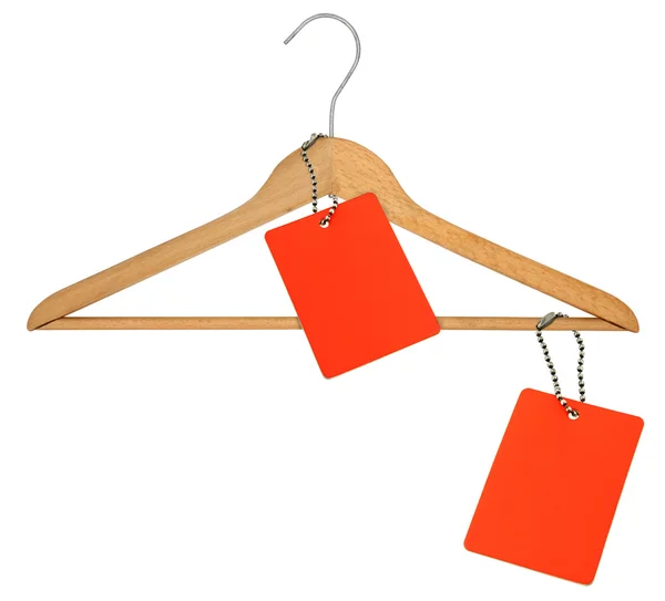 Cabide de casaco e duas etiquetas de preço em branco — Fotografia de Stock