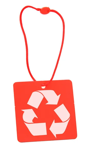 Etiqueta vermelha com símbolo de reciclagem — Fotografia de Stock