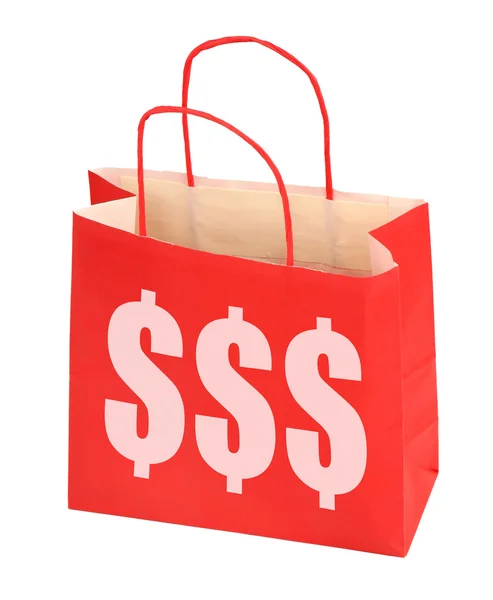 Saco de compras vermelho com sinal de dólar — Fotografia de Stock
