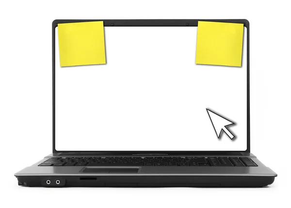 Caderno com cursor e notas amarelas — Fotografia de Stock