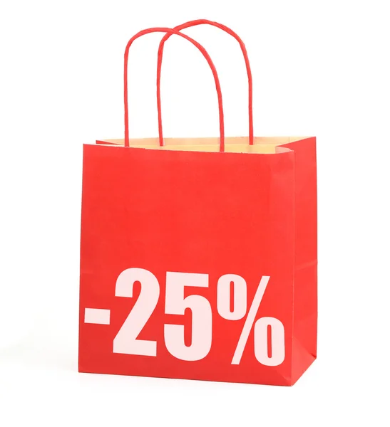 Saco de compras com -25% de sinal no branco — Fotografia de Stock