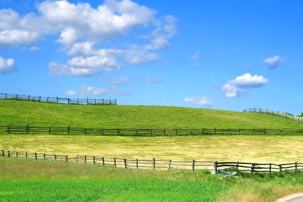 Vista do país com campos e cercas — Fotografia de Stock