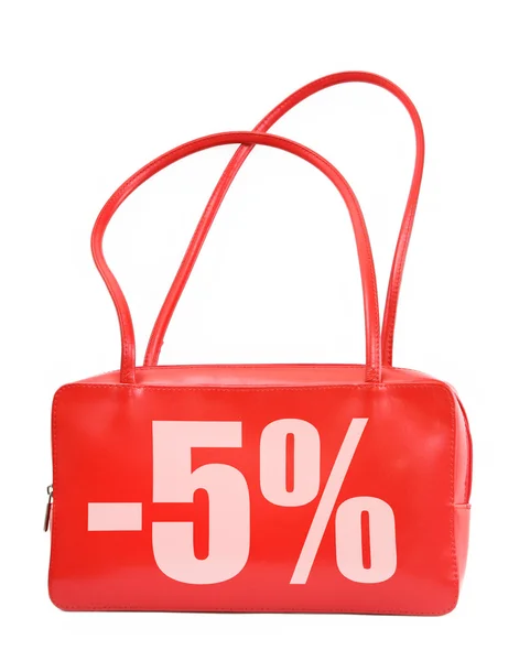 Red leather handbag with sale sign — Stock Photo, Image