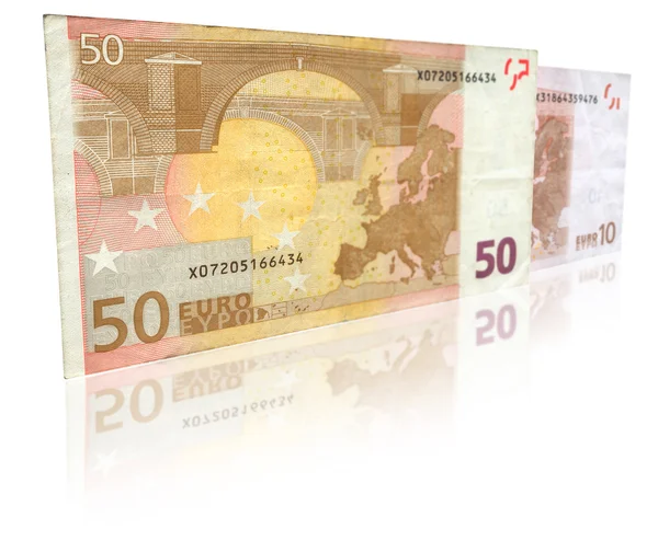 Dos billetes en euros con reflexión —  Fotos de Stock