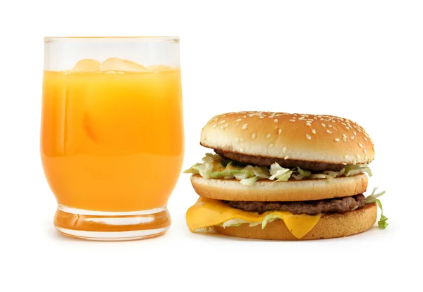 Hamburger and orange juice — Stock Photo, Image