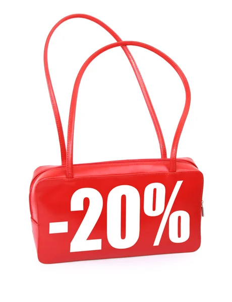 बिक्री चिह्न के साथ लाल चमड़ा हैंडबैग — स्टॉक फ़ोटो, इमेज