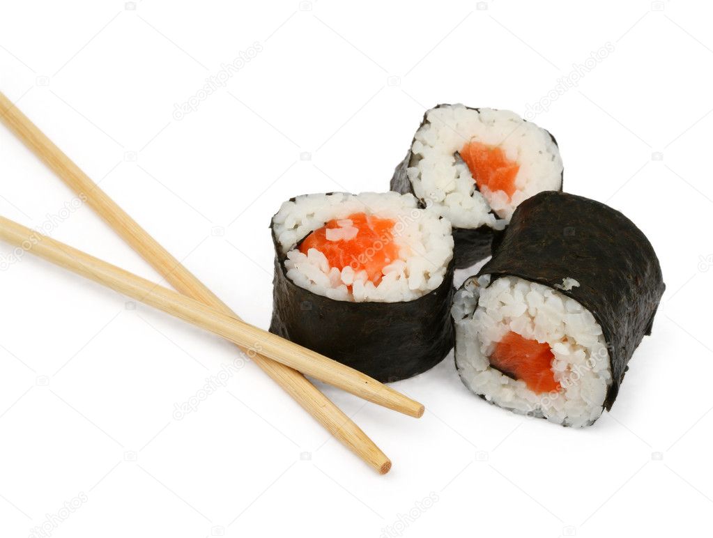 Sushi and chopsticks on white